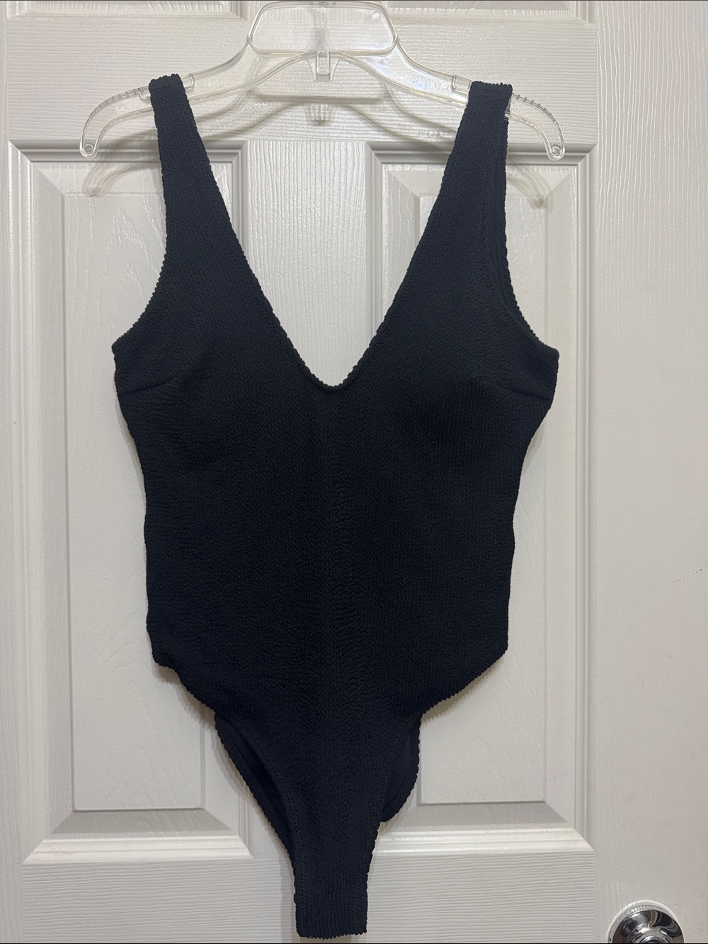 Black V-Neck Textured Bodysuit - Women